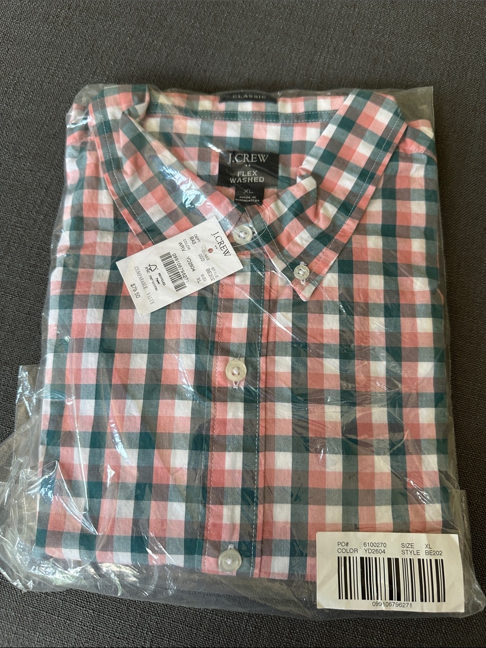 J. Crew Men’s Pink and Green Check Button-Down Shirt